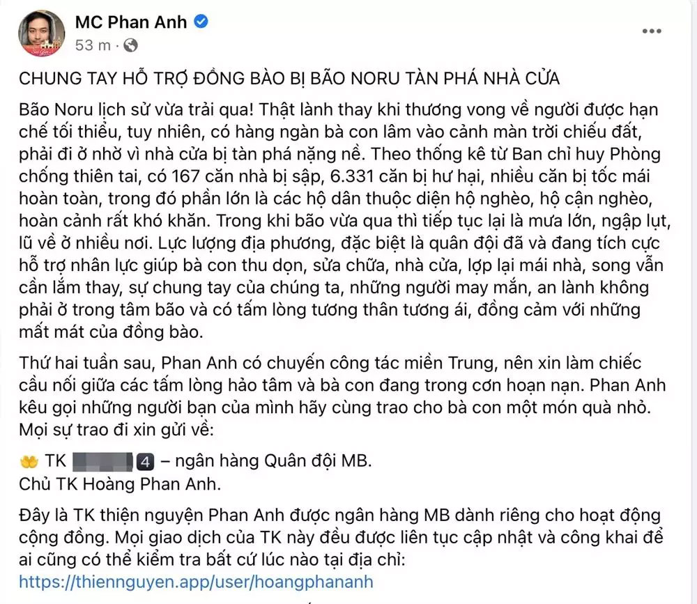 MC Phan Anh kêu gọi ủng hộ đồng bào miền Trung sau bão Noru-2