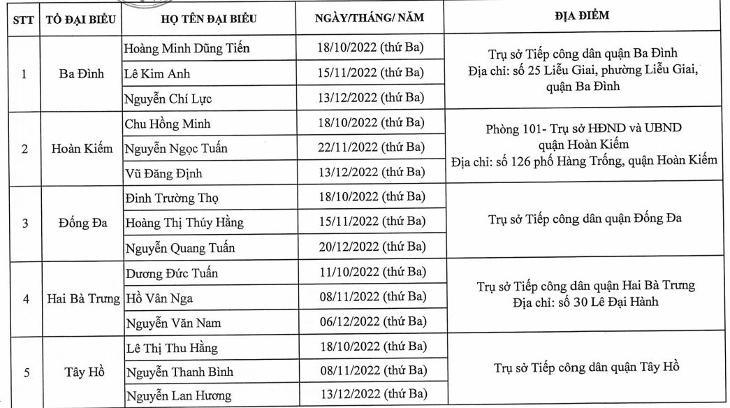Lịch tiếp công dân quý IV/2022 của Đại biểu HĐND TP Hà Nội-1