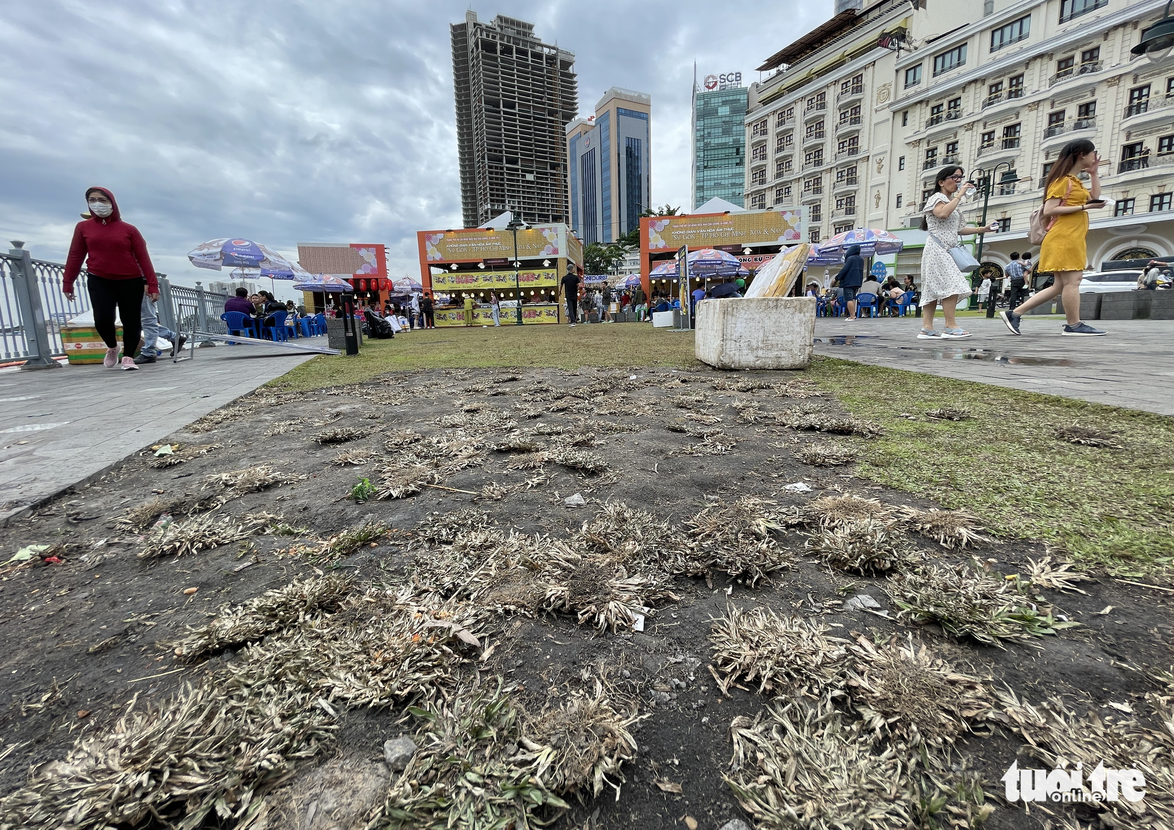 Hậu lễ hội 'Không gian văn hóa ẩm thực', thảm cỏ công viên bến Bạch Đằng tan hoang-1