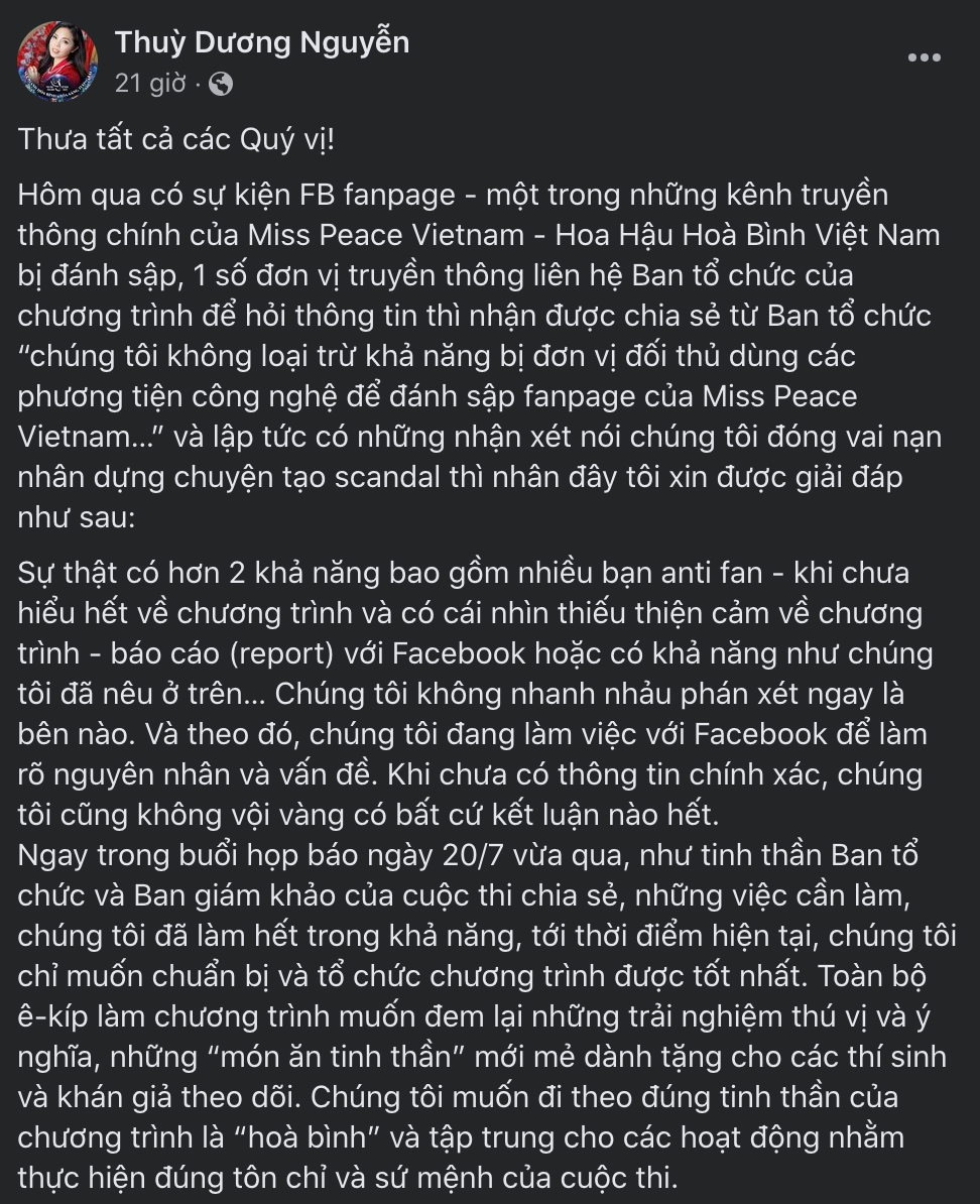 Fanpage 'Miss Peace Vietnam' bất ngờ bị khóa, trưởng BTC lên tiếng: 'Không loại trừ khả năng bị đơn vị đối thủ đánh sập'-3
