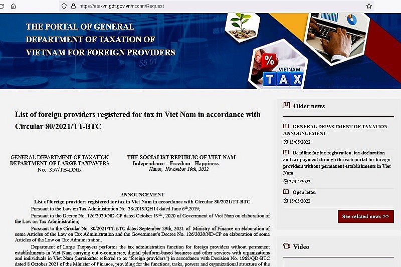 Công bố danh sách 39 nhà cung cấp nước ngoài đăng ký thuế tại Việt Nam-1
